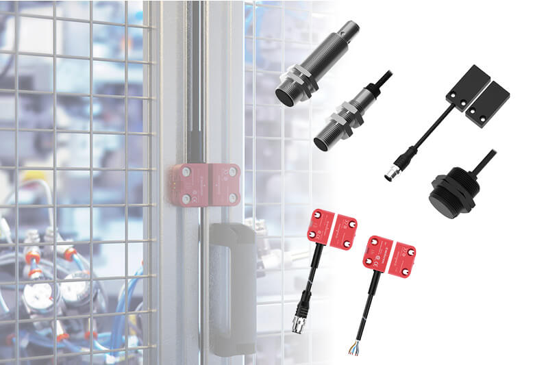 Non-contact safety sensors – hygienic, maintenance-free, flexible application Industrial application with non-contact safety sensor and product selection in the foreground