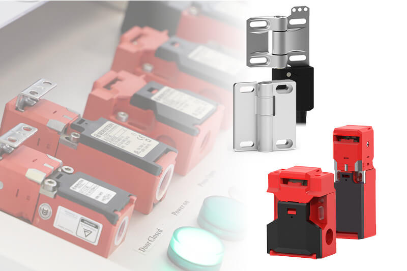 Mechanical safety switches in use – classic, robust, proven Application of a mechanical safety switch with product overview on the right side of the image